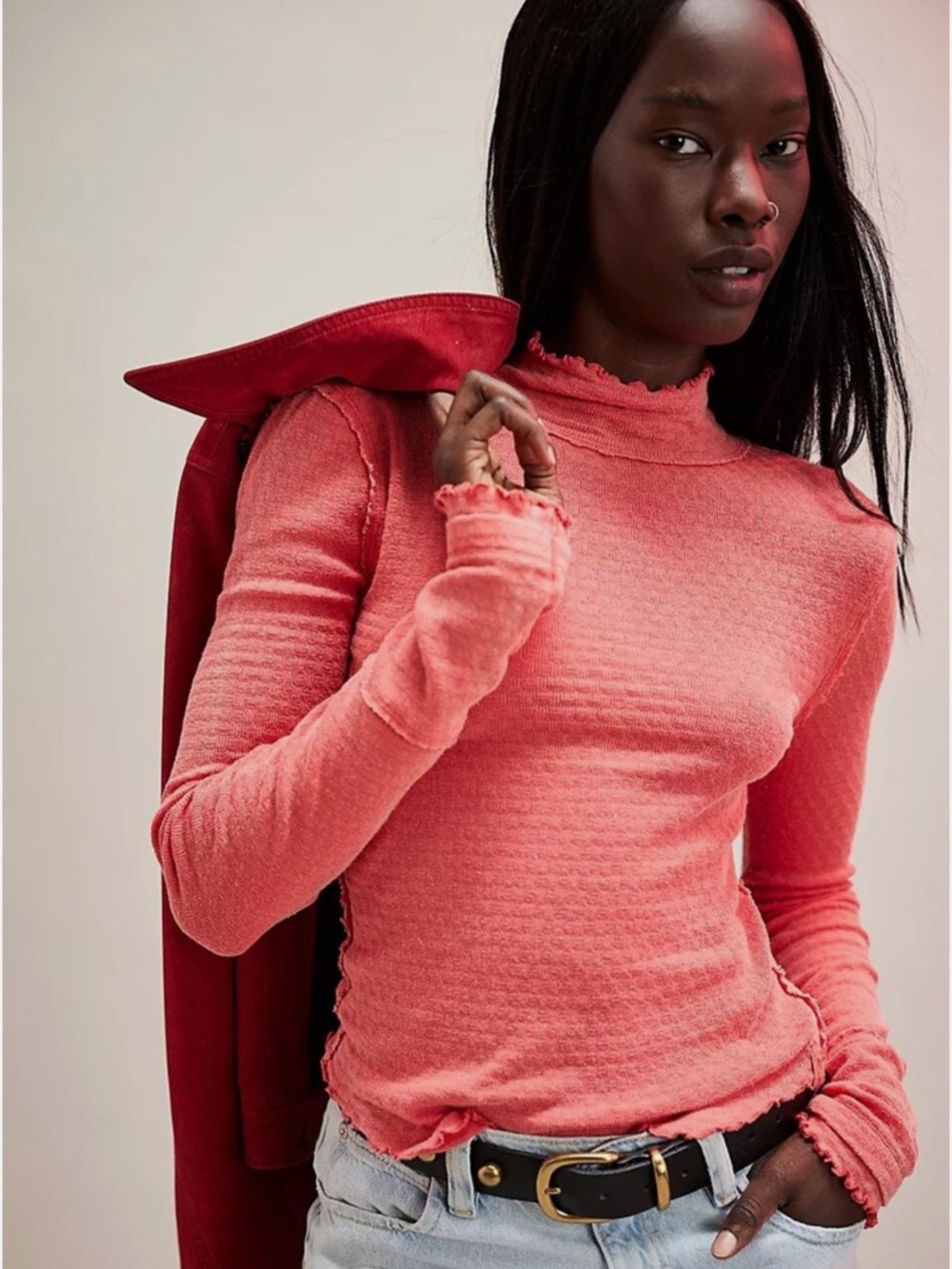 NWOT Free People We The Free Sara Pointelle Turtleneck Flame Red Size S